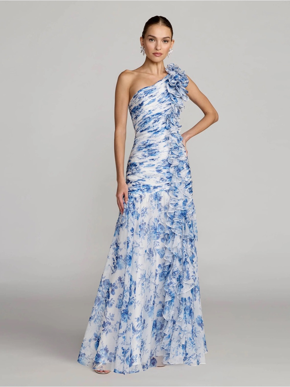 Mac Duggal 68992 Blue Multicolor One-Shoulder Floral Ruffle Gown